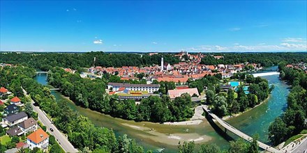 Aerial view of Landsberg am Lech with a view of the river Lech. Upper Bavaria, Bavaria