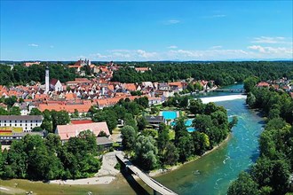 Aerial view of Landsberg am Lech with a view of the river Lech. Upper Bavaria, Bavaria