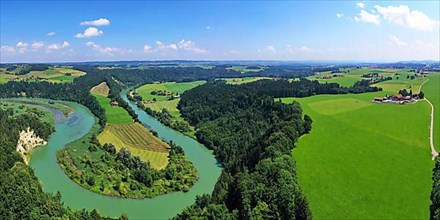 Aerial view of the river loop on the Iller near Altusried. A dreamlike landscape in the foothills of the Alps. Altusried, Upper Allgaeu