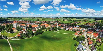 Aerial view of Haag in Upper Bavaria with the castle tower from the castle in fine weather. Haag in Upper Bavaria Upper Bavaria, Bavaria