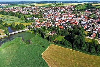 Aerial view of Frontenhausen a market town in the Lower Bavarian district of Dingolfing-Landau. Bavaria, Germany