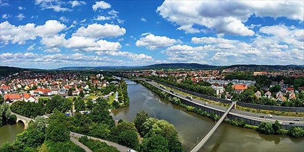 Aerial view of Forchheim with a view of the river Regnitz in fine weather. Upper Franconia, Bavaria