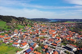 Aerial view of Peiting with the church of St. Michael, Bavaria