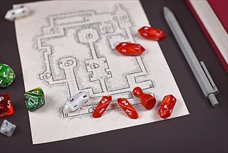 Roleplaying game dices on hand drawn dungeon adventure map. Concept for table top role playing games,