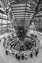 Black and white, walk-in glass dome in the Reichstag building