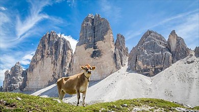 Standing cow in front of mountain range Three Peaks, Dolomites
