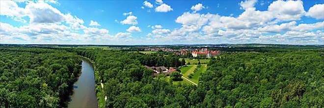 Aerial view of Wiblingen Monastery on the river Iller in fine weather. Ulm, Baden-Wuerttemberg