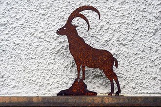 Iron rusty ibex in front of house wall, Hindelang