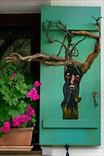 Green shutter with wood gnat and geraniums,