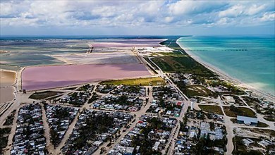 Aerial of the colourful salinas of Las Coloradas, Yucatan