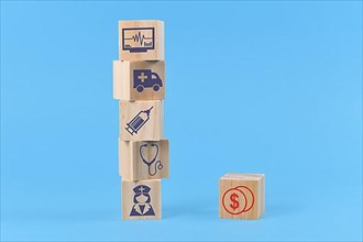 Concept for discrepancy between costs for medical treatments and funding depicted with wooden blocks with medical icons like nurse and ambulance and dollar sign,
