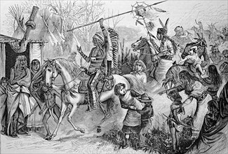 The capture of the Weeler settler family by Indians on the White River, Indian raid on a farm