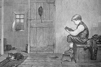 Boy drawing a likeness of his cat on his blackboard, Historic
