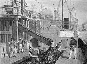 Loading of a coal steamboat in a harbour in England, coal is shovelled into the storage bunker