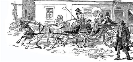 Travelling by horse-drawn carriage, distinguished couple on their way to town