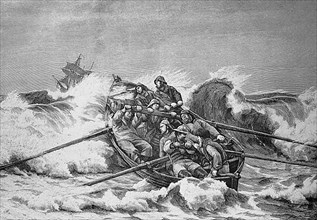Rescue crew with a lifeboat fighting their way through the surf to a ship in distress, Historic