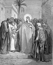 Biblical scene in Jerusalem, Jesus Christ gives the interest groschen