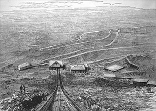 The cable railway up the crater of Vesuvius, Campania. View from the centre of the railway downwards to the roadway between the lower station and the observatory