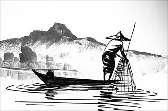 Fisherman on the Lake, Historic Landscape in Southeast Asia