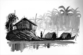 Fisherman with boats, hut