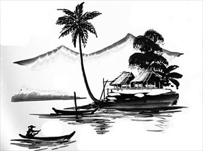 Fisherman with boats, hut