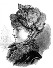 Fashion picture from the year 1880, elegant woman with hat and fur collar