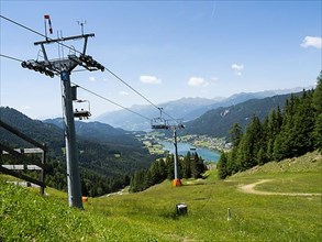 View from the mountain station of the mountain railway Weissensee to the Weissensee, Carinthia. Austria