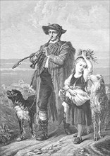 The shepherd returns home with his daughter in the evening, he plays the flute and the girl carries a basket of provisions and flowers