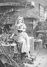 Cinderella or Cinderella, girl sitting at the stove surrounded by many birds
