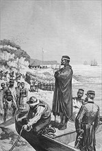 Embarkation of captured Zulu Ketschwaeyo chief at Durnfort for voyage to Cape Town,1880