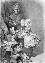 Wolfgang Amadeus Mozart as a boy at the piano, with his sister and a piano teacher