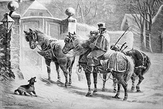 The postman stands in the snowstorm with his horses in front of a closed gate and announces his coming with the post horn, Historisch
