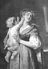 Young mother holding her youngest in her arms to put him to bed, Historisch