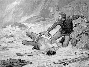 Rescue crew pulled a shipwrecked man out of the sea by the life ring, Rescue crew pulled a shipwrecked man out of the sea by the life ring