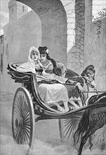 Two elegant young ladies ride carriage to bullfight, Spain