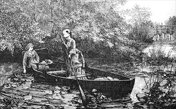 Two woman in a rowing boat on a pond with many water lilies, digitally restored reproduction of an original from the 19th century