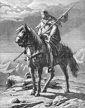 Biterolf on horseback, protagonist of the Middle High German Dietrich epic Biterolf and Dietleib. Biterolf is King of Toledo