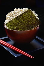 Nori, dried paper-like sheet of seaweed and Asian noodles in a shell