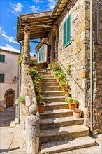Stone staircase decorated with flower pots in the historic centre of Sorano, Sorano