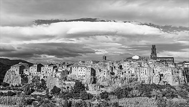 Panoramic view of the medieval town of Pitigliano, black and white photograph