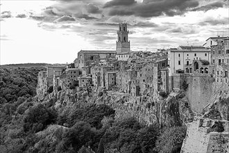 Panoramic view of the medieval town of Pitigliano, black and white photograph