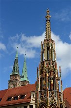 Beautiful fountain and towers of the Sebaldus Church, Hauptmarkt