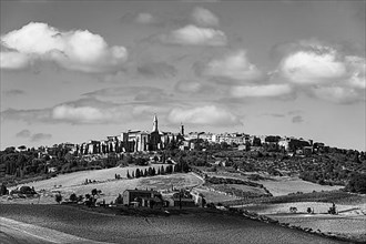 Panoramic view of Pienza, black and white photo