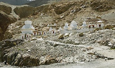 Small white stupa on the mountainside, Hunder Gompa
