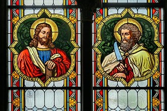 Colourful church window with St. James and St. Bartholomew, Catholic Parish Church