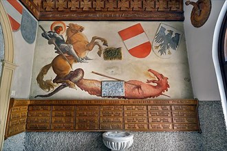 War memorial with mural Dragon Slayer, Catholic Parish Church