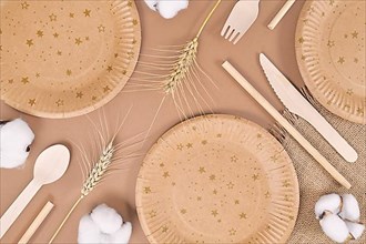 Eco friendly paper party plates and wooden cutlery on beige background,
