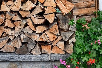 Wooden pile with geraniums,
