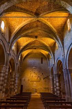 The illuminated ceiling vault of Sovana Cathedral, view towards the baptistery