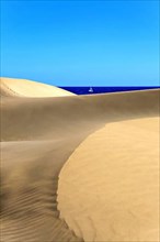 The dunes of Playa Del Ingles with a view of the Atlantic Ocean. San Bartolome de Tirajana, Gran Canaria